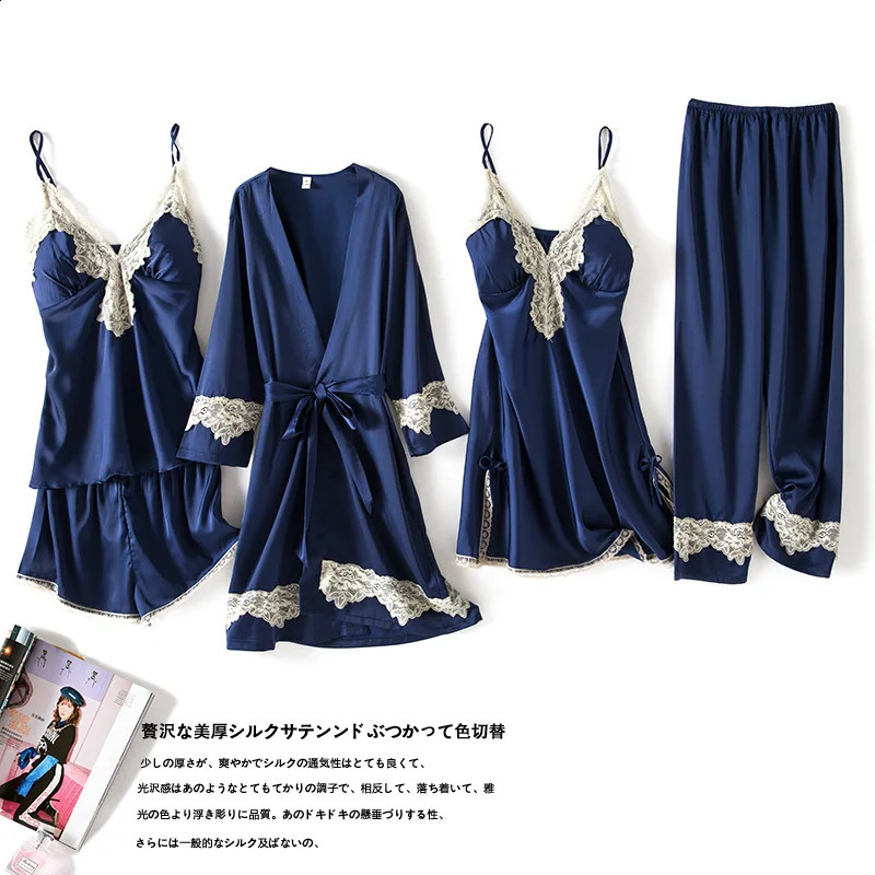 Summer 5 Pcs Set Women Pyjama Satin High Quality Sexy Leopard Sleepwear With Chest Pad Pajamas 250319