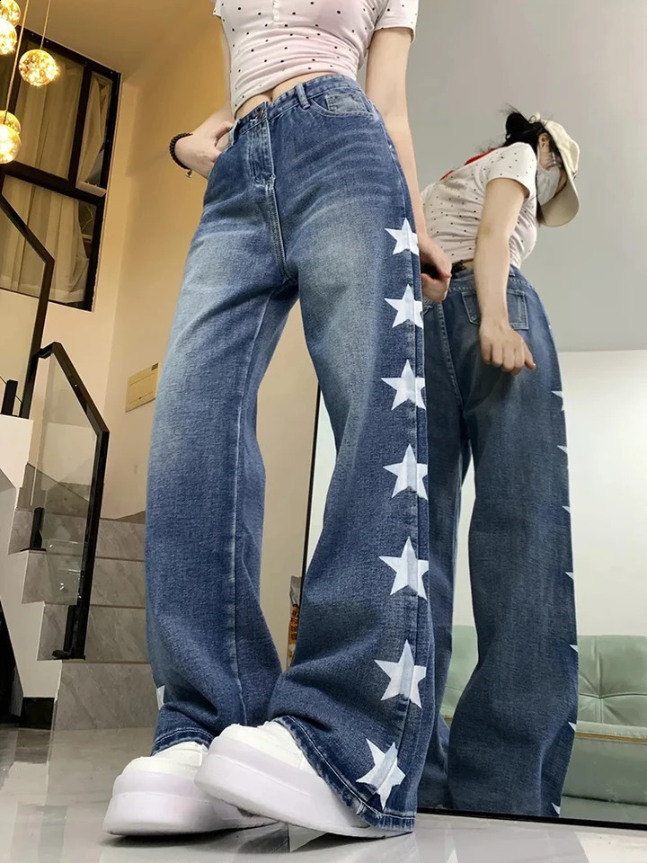 Zoki Cute Star Print Jeans Women Vintage High Waist Loose Denim Pants Preppy Style Japan Casual Female Kawaii Retro Trousers 250319