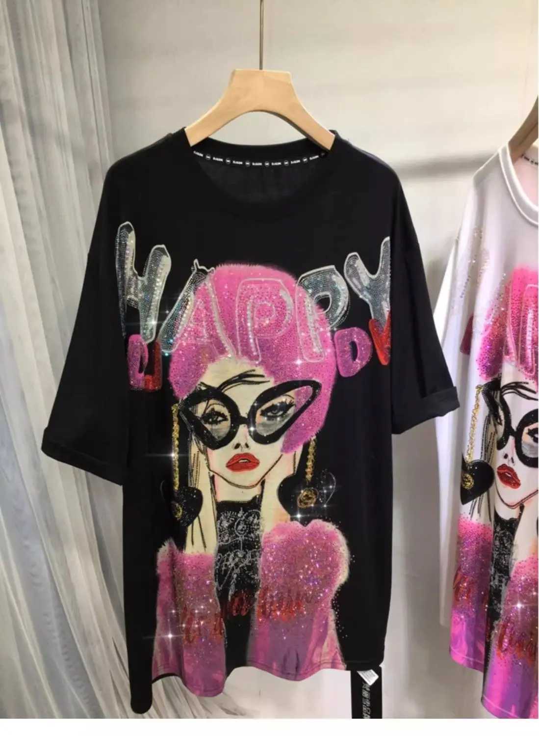 L-4XL Plus Size 150KG Womens Rhinestone T-shirt Summer Printed Womens T-shirt with Large Alphabet Size Large Y2K T-shirtT250320