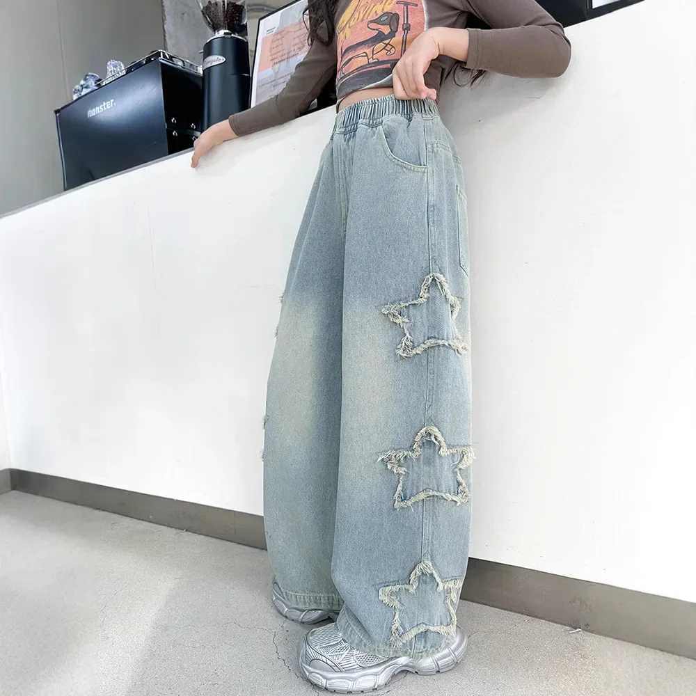 Teen School Children Trouser Spring 2025 Celebrity Design Casual Loose Jeans Girls Elastic Waist Fashion Childrens Straight PantsT250326