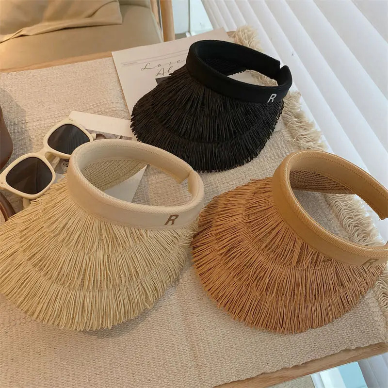 summer empty top womens straw braid fringe sunhat is a sunhat with sunblock UV beach holiday 250320