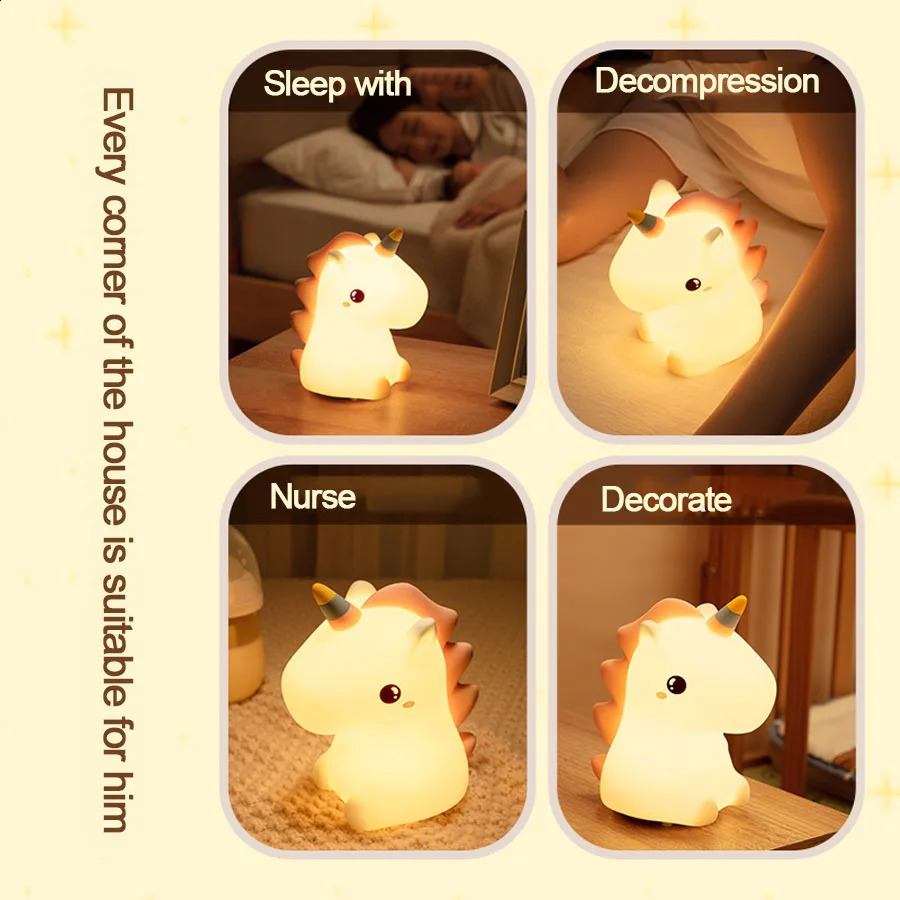 unicorn Cute Silicone LED Night Light For Kids children USB Rechargeable Cartoon Animal bedroom decor Touch Night Lamp for gifts 250319