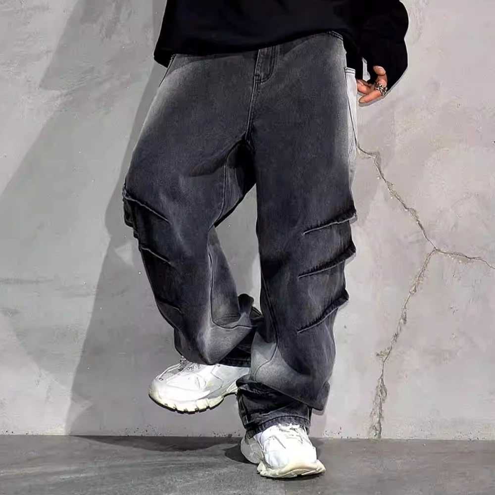High quality black retro casual gradient cargo jeans streetwear straight leg jeans hip-hop jeans Kpop Trouser mensT250319