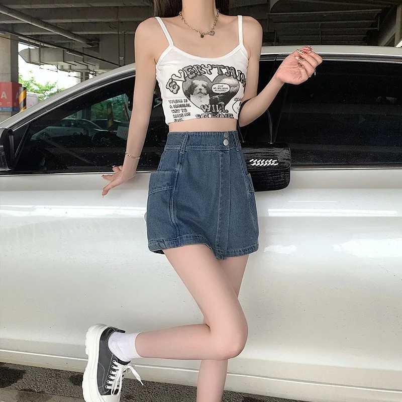Vintage Denim Shorts Skirt For Women 2024 Summer Fashion Irregular Womens A-Line Mini Skirt Fe Street High Waist SkirtXJ250320