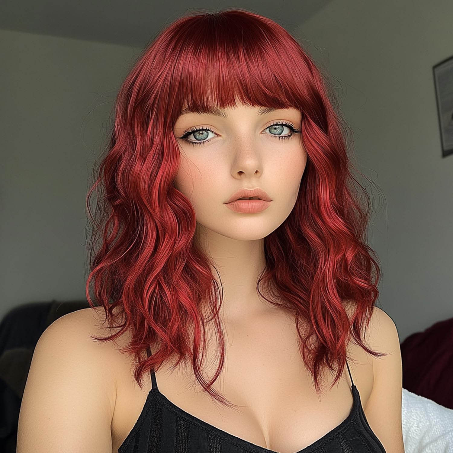 Burgundy Wigs with Bangs for Women Synthetic 16inch Medium Length Wigs with Natural Long Wavy Fringe Bang wig Heat Resistant Hair for Daily Party Use(