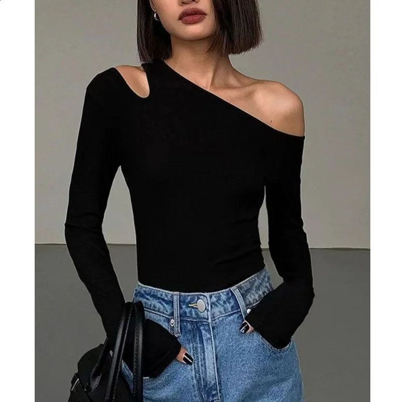 Club Party Sexy Ladys TShirts Slash Neck Cut Out Bodycone Long Sleeve Top sweet Spicy Girls Black Tees Y2K Punk Women Tee 250311