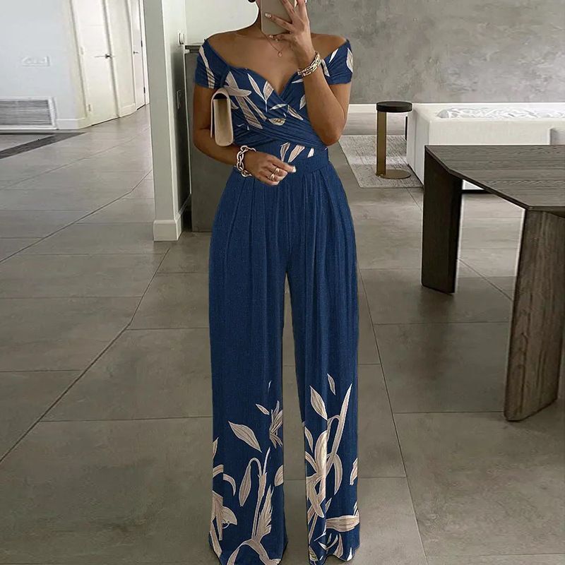 Womens Clothing Fashion Temperament Elegant Commuting Printed Wide Leg Jumpsuit