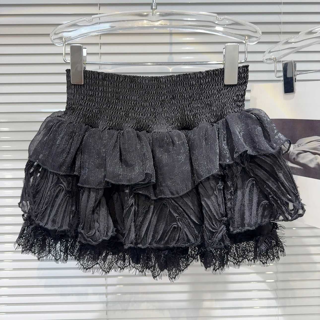 PREPOMP 2024 Summer New LTI Layer Lace Ruffle Fluffy Short Mini Skirt for Women GR091XJ250320