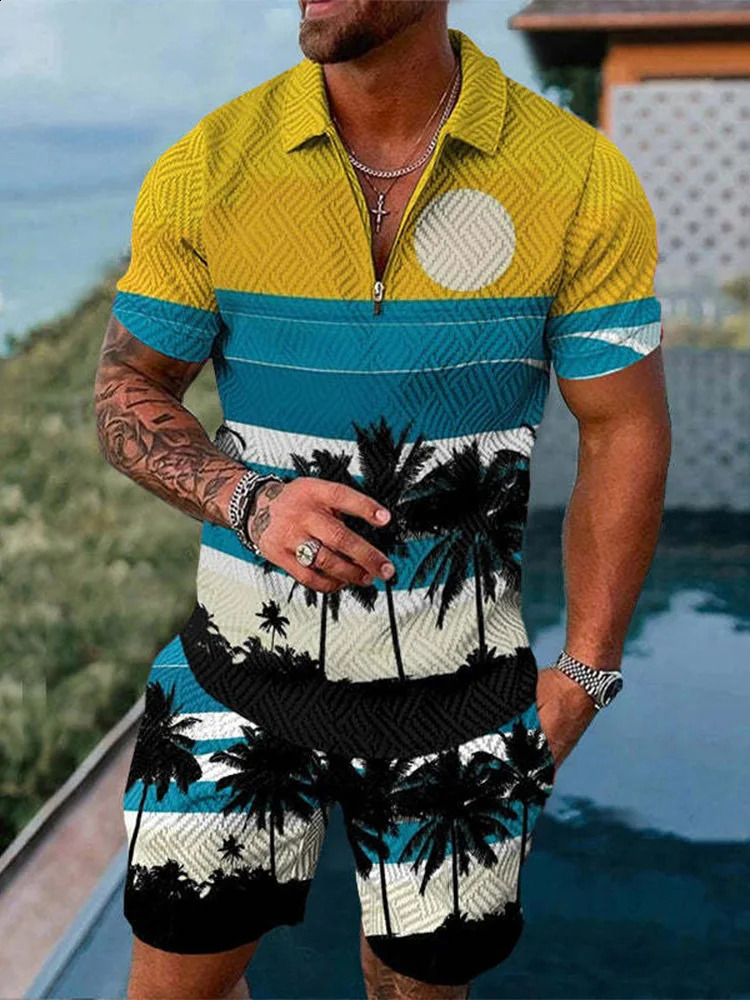 Summer Trend Mens Sweatsuit set Hawaii Beach Elements 3D Print Zipper Collar Polo Shirt And Shorts 2pcs Set Casual Man Clothing 250319