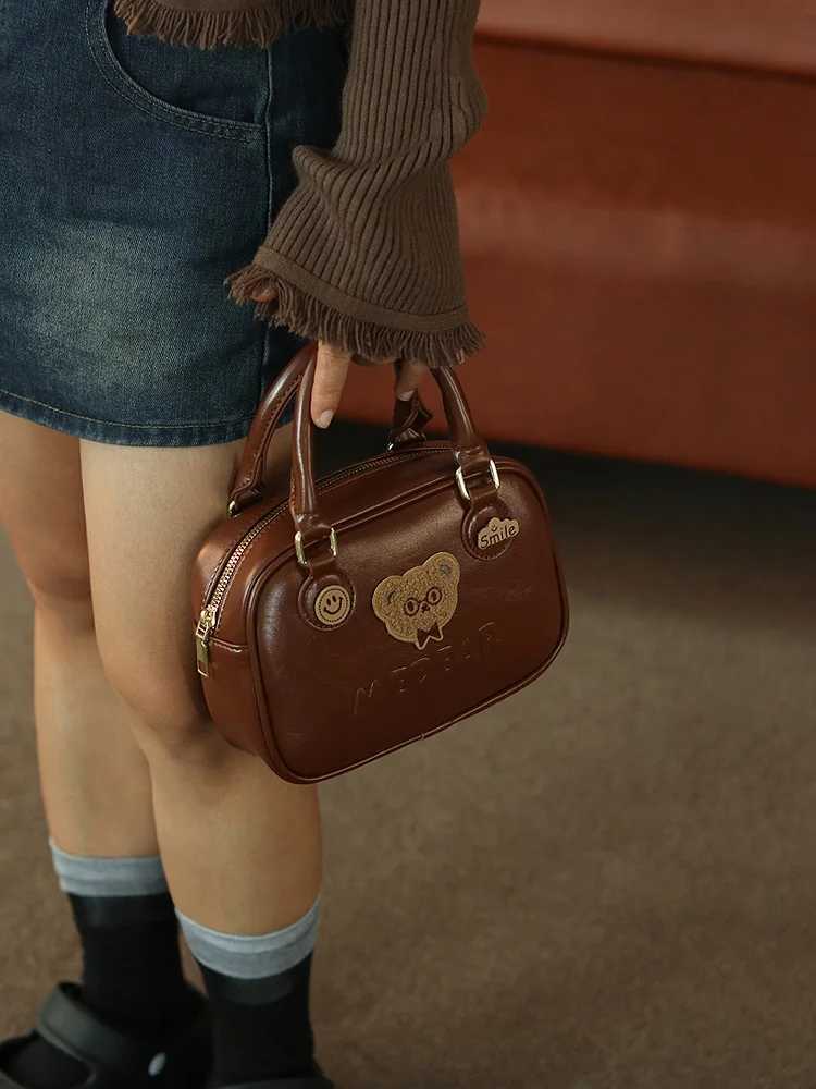JIAERDI Harajuku Brown Messenger Bag Womens Retro Bear Embroidered Handle Cross Body Bag Womens Retro Cute Handbag Fashion Y250319