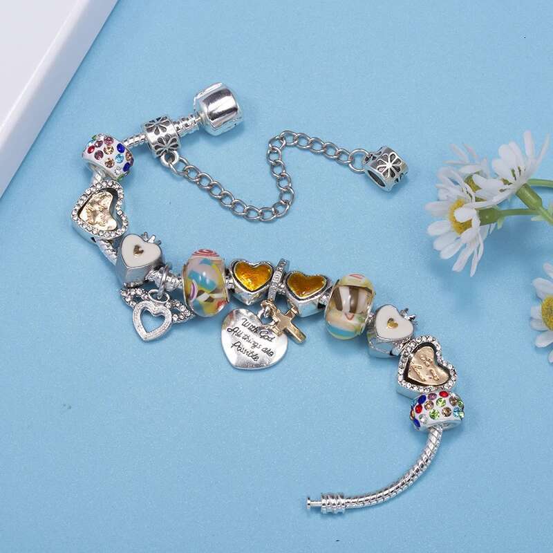 Silver Color Crystal Heart Cross Beads Charm Bracelet With DIY Brand Bracelets Bangles For Women Men Jewelry Gift Dropshipping