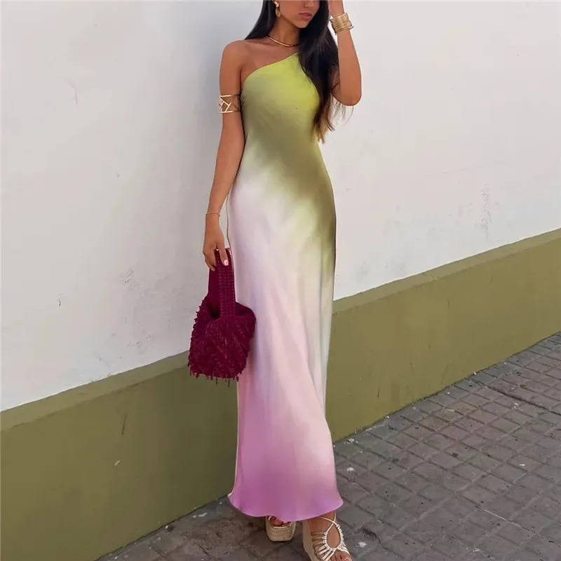 TRAF Tie Dye Long Dress Womens Asymmetric Satin Backless Dress Womens Off Shoulder Sexy Evening Dress Midi Summer Dress 250320