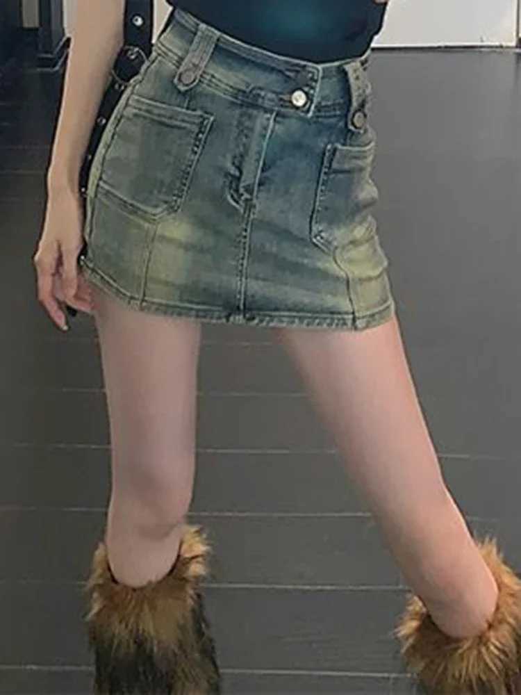 Fe Korean Retro High Waist Baggy Short Skirts Girls Fashion Elastic A Line Denim Dress Woman Large Size Yellow Mini SkirXJ250320