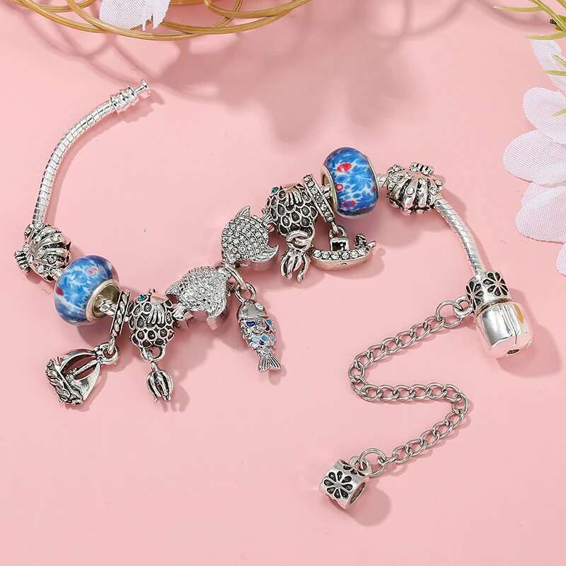 Silver Color Ocean Series Fish Freey Pendant Charm Bracelet With 16cm-21cm Chain Bracelets For Women Jewelry Gift Dropshipping