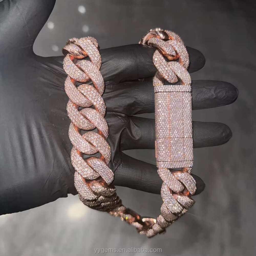 Yu Ying heavy 20mm 22mm men's fully chilled moissanite rose gold and sier Cuban chain necklace hip-hop accessory
