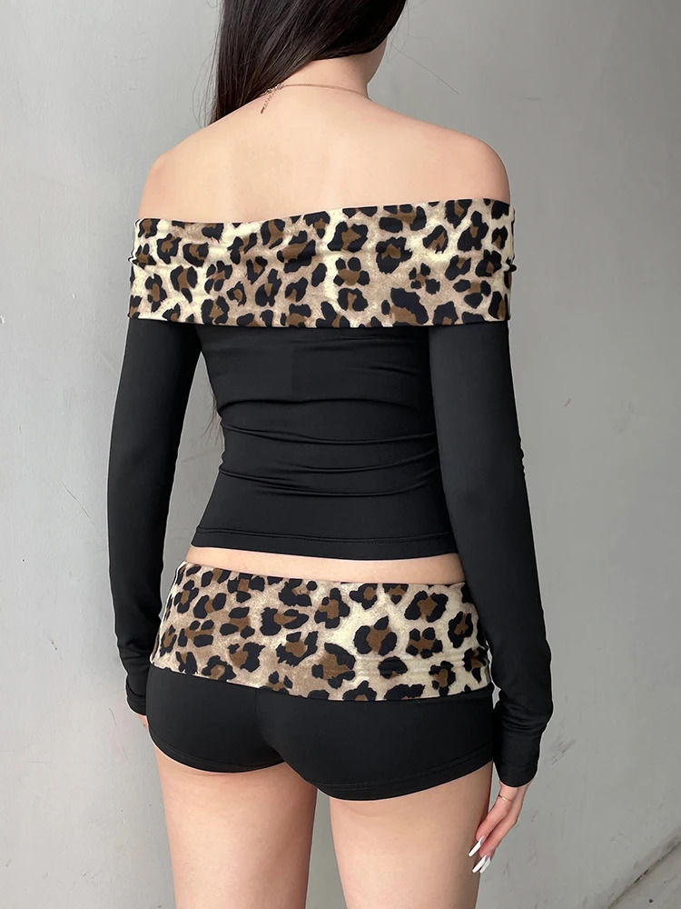 Rockmore Leopard Print Patchwork Crop Top for Women Y2K Aesthetics Of Shoulder Long Sleeve T Shirts Grunge Fairycore Clothes 250320