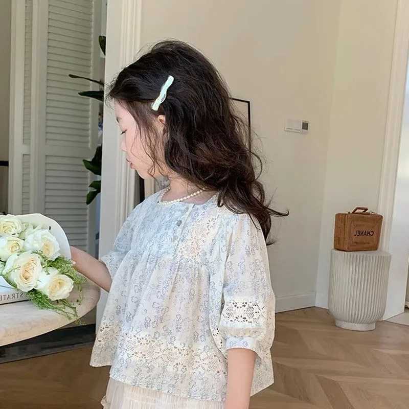 Girls Shirt Childrens Summer Clothing Baby French Style Temperament Top Fashionable and Casual Versatile Lace Floral ShirtT250320