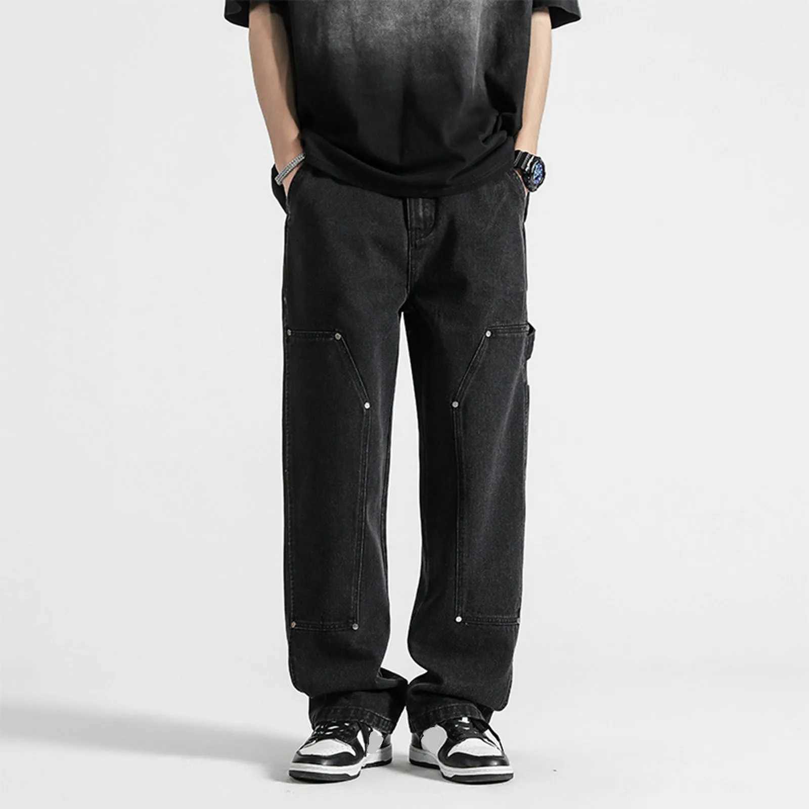 Korean popular clothing mens Gothic style oversized Y2k bagged jeans Japanese denim flange jeans straight wide pantsT250319