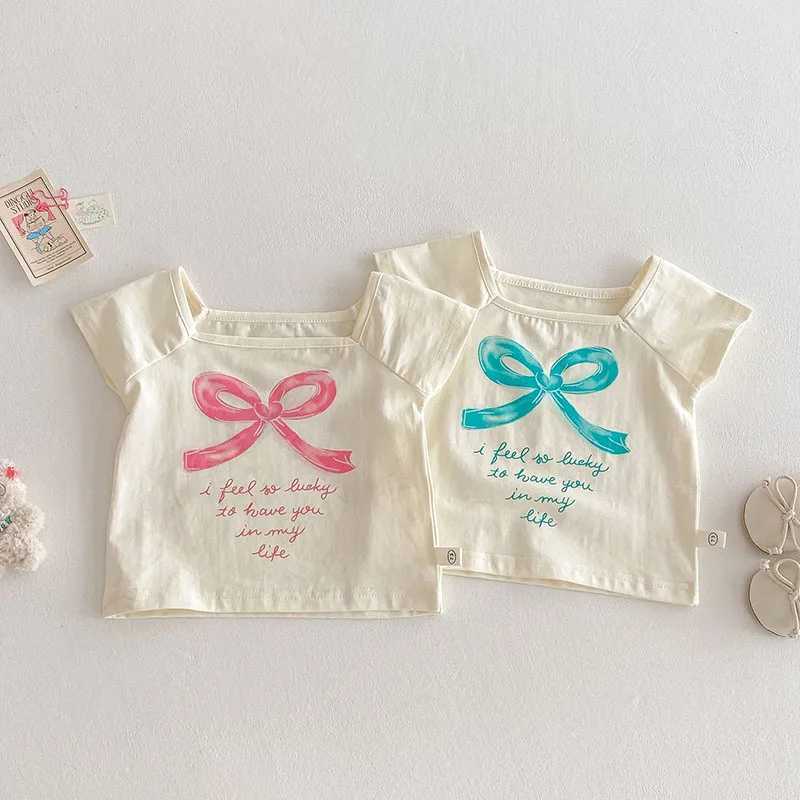 2025 Summer Girls Bow T-shirt Baby Clothing Childrens Fashion Letter Underwear Childrens Thin TopT250320