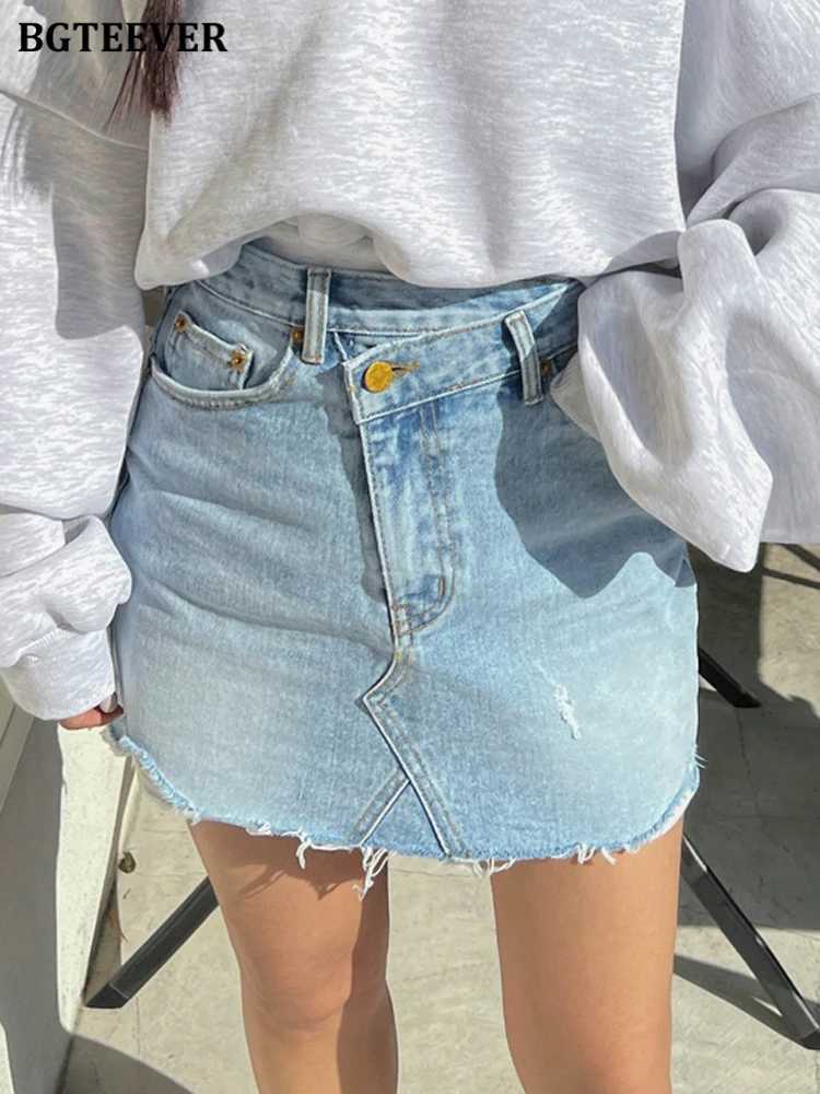 BGTEEVER Fashion Edge Button Womens Denim Skirt Fashion High Waist Pocket Tassel Hem Fe Jeans Skirt Spring/SummerXJ250320