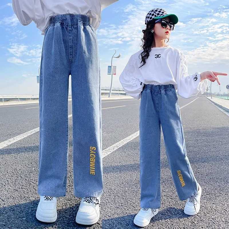 Girls jeans spring automatic casual loose side gradient color childrens hole wide leg underwear 3-12 years old teenagers school children TrouserT25023