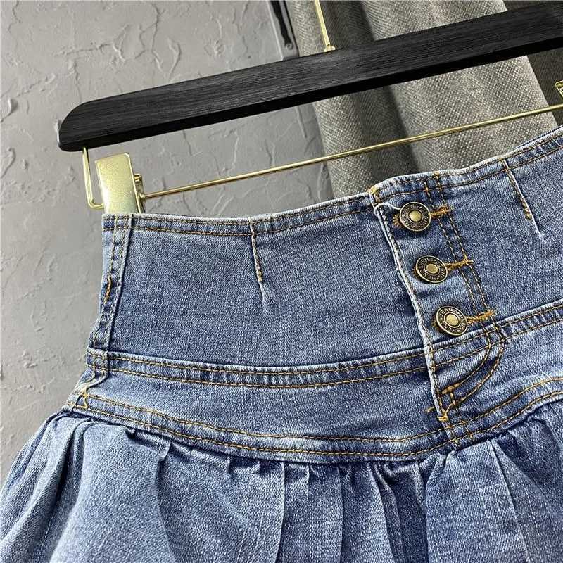 Fashion Blue Denim Skirt Printed Pleated High Waist Mini Skirts Y2K Retro Sweet Cute Sexy Streetwear Women Skirt 2025 New SummerXJ250320