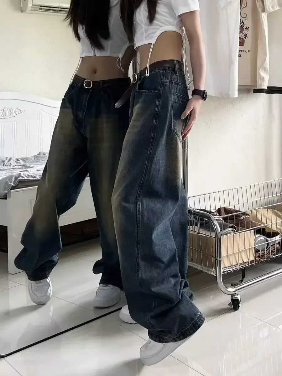 Womens jeans Distressed full-length wide leg denim pants spliced zipper fly vintage jeans pocket high street loose suit washingT250319