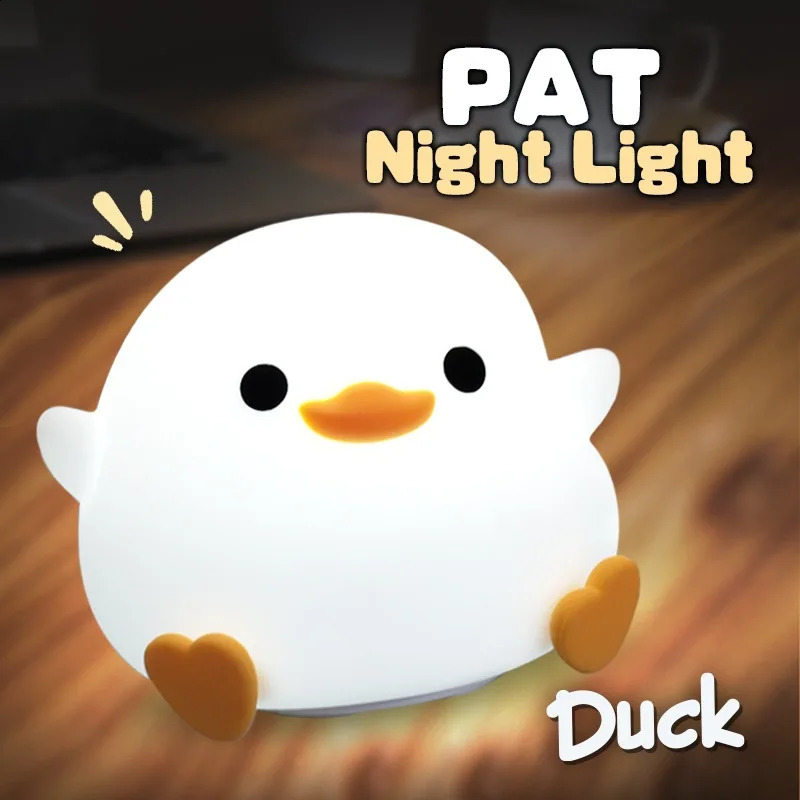 LED Night Light Cute Duck Cartoon Animals Decor Silicone Lamp for Children Kid Touch Sensor Timing USB Rechargeable for Birthday 250319