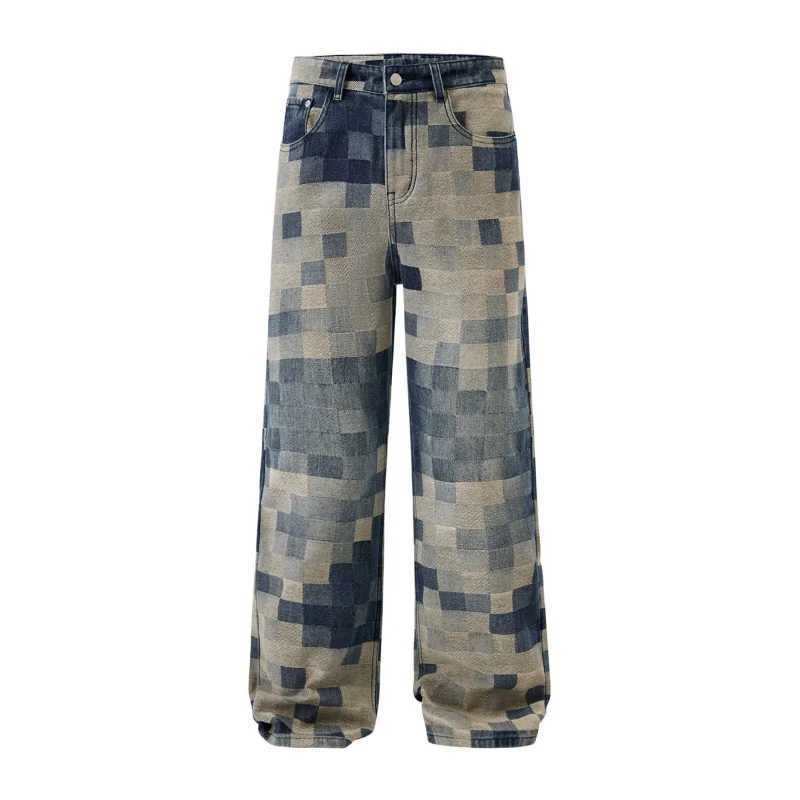 Mens jeans casual bag mosaic blue autumn and winter American style street fashion straight wide leg oversized TrouserT250319