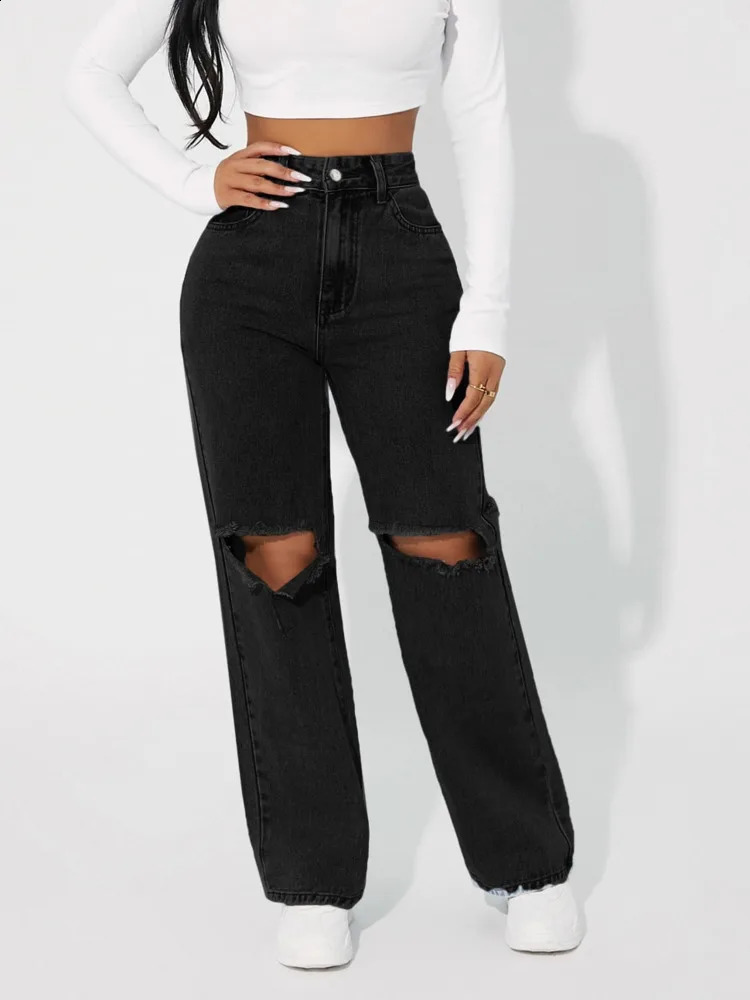 Denimcolab high waisted straight pants fashionable hole knee jeans womens loose boyfriend jeans womens streetwear 250314