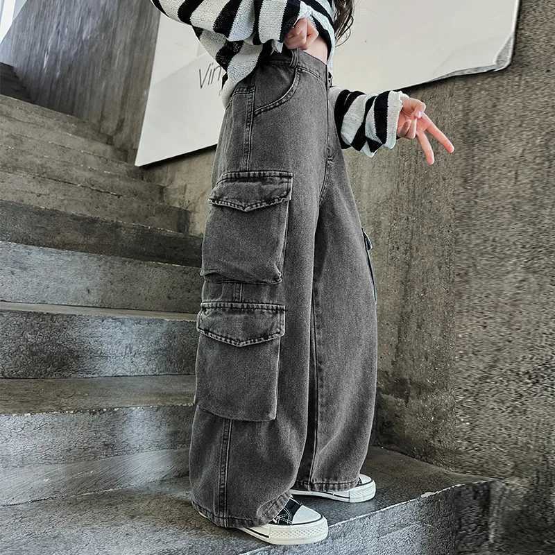 Teenage girl wide leg cargo jeans 2024 autumn fashion childrens casual denim pants school young childrens straight bag handcart 15YT2502320
