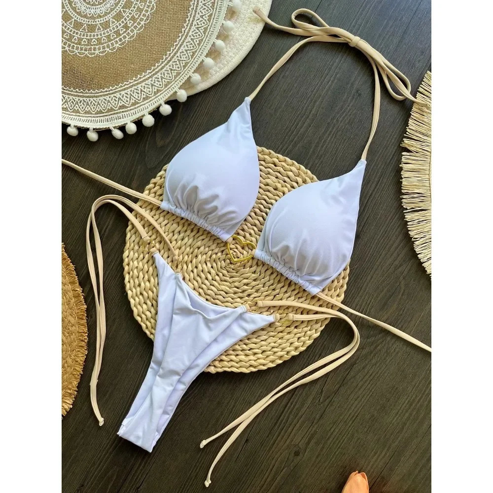 Sexy Halter Solid Bikini Set Womens Swimsuit Two-piece Triangle Thong Swimwear Bathing Suit Brazilian Biquinis 250320
