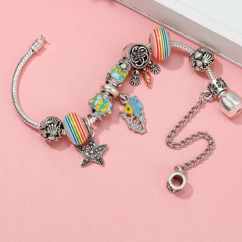 Summer Styles Starfish Fish Beads Charm Bracelets With Vintage Silver Color Bracelet Bangles For Women Men Jewelry Dropshipping