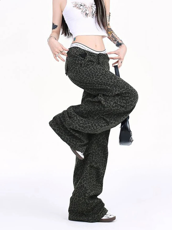 Zoki Y2K Leopard Cargo Jeans Women Harajuku Streetwear Loose Denim Pant Fall Vintage American Casual Bf Gothic Hip Jop Trousers 250319
