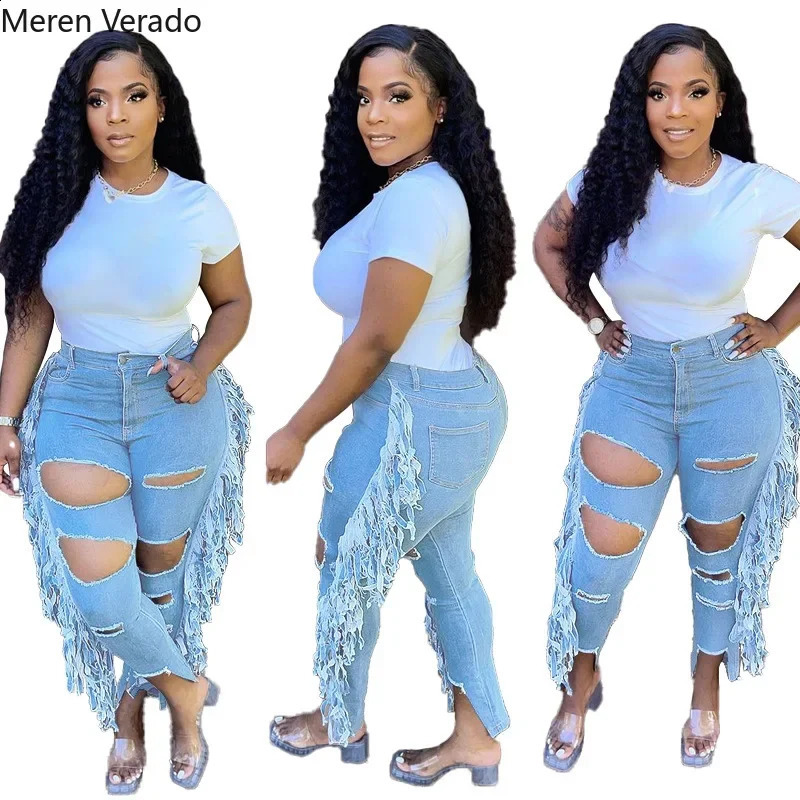 Meren Verado XL-5XL Washed Plus Size Women High Waist Hole Side Tassel Sexy Streer Jeans Women Autumn Denim Pencil Long Pants 250319