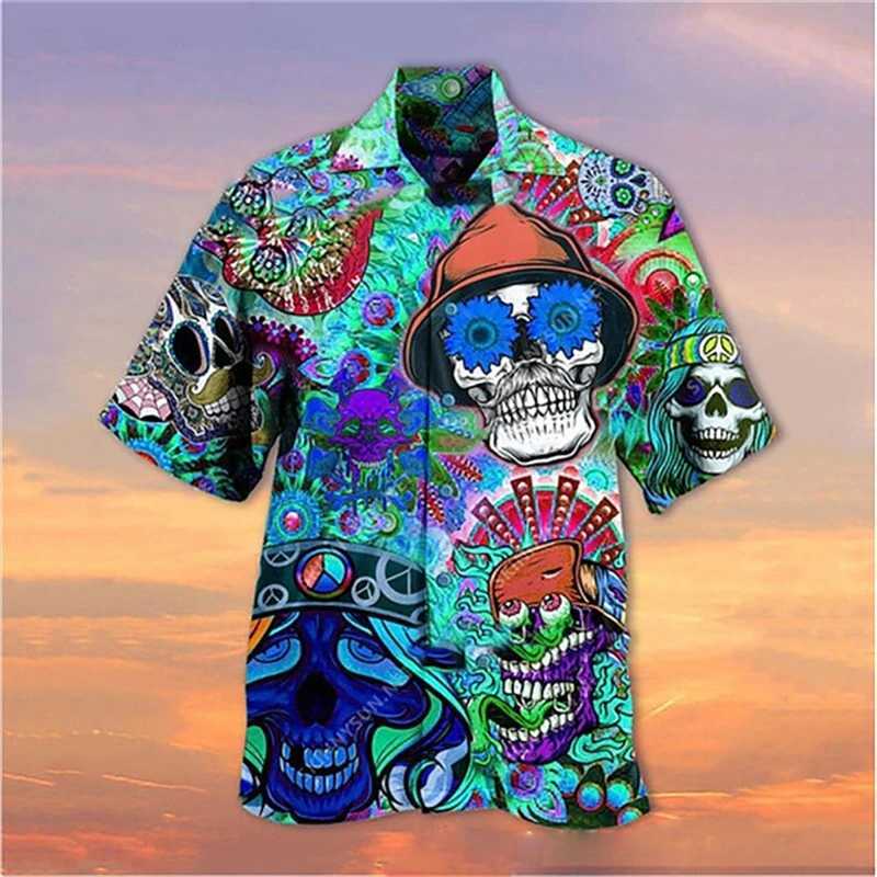 Latest Skeleton Collar Mens Shirt Horror 3D Printing Casual Hawaiian Shirt Mens Retro Shirt Mens Button Short Sleeve Mens Clothing M250320