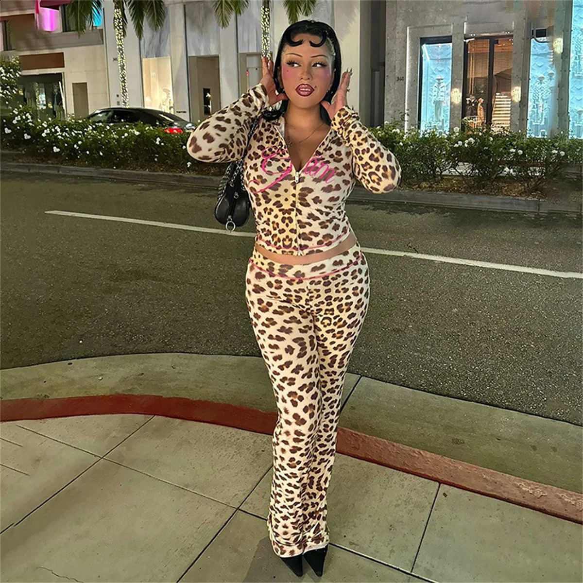 Leopard Contrast Letter Print 2piece Womens Hooded Full Sleeve Crop JacketTight Stretch Shining Pants Trend Matching Set 250319