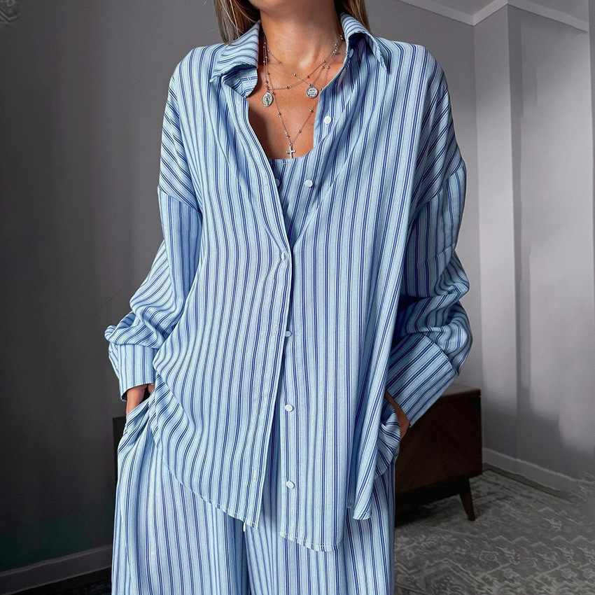2025 Spring New Stripe Printed Pajama 3-Piece Set, Tank Top, Long Sleeve Pants, Women's Home Clothes