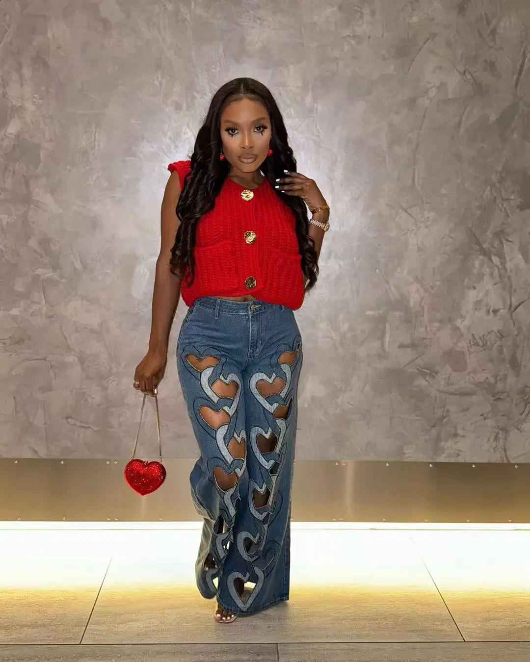 Wide leg jeans heart-shaped pants sexy womens high waisted elegant hollow denim straight pants 250314