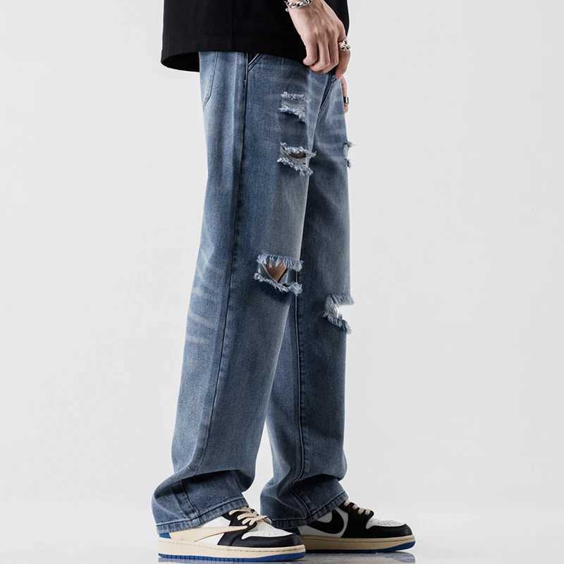 Fashionable retro jeans mens streetwear ripped loose hip-hop hole Trouser casual straight mens clothing wide jeansT250319