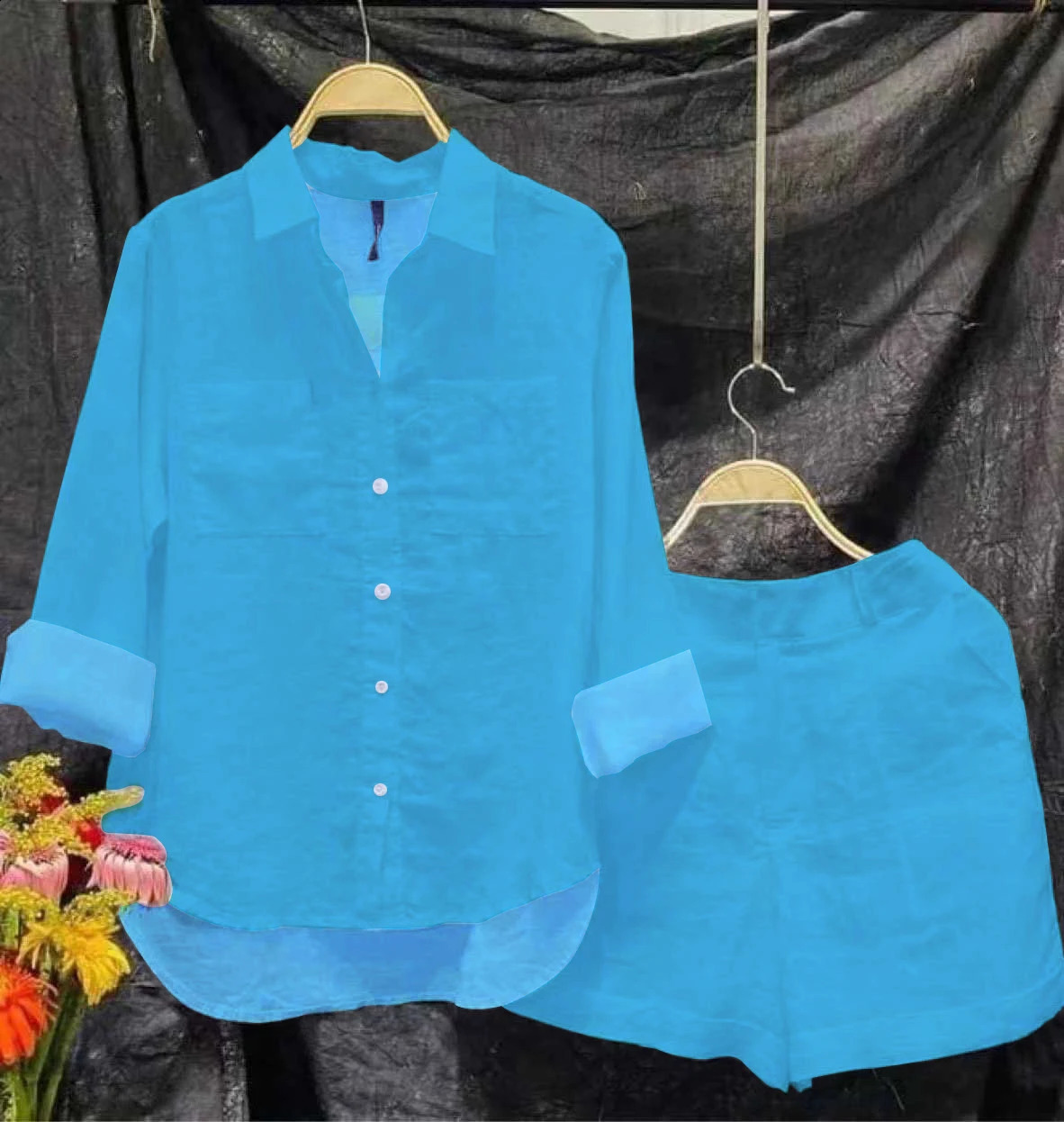 Summer Cotton Linen Casual Shirt Two Piece Set For Women Shorts 2 Piece Sets Outfit Long Sleeve Short Sets Outfits Home 250318