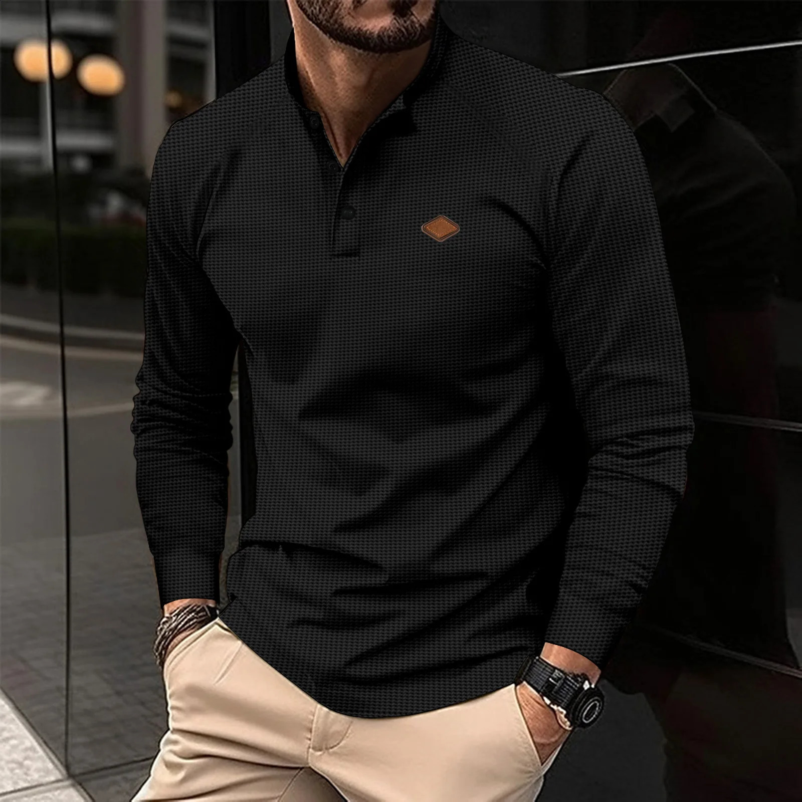 -Selling Vintage Waffle Mens Henry Shirt Breathable Casual Business Mens button-down Round Neck Long Sleeves 250319