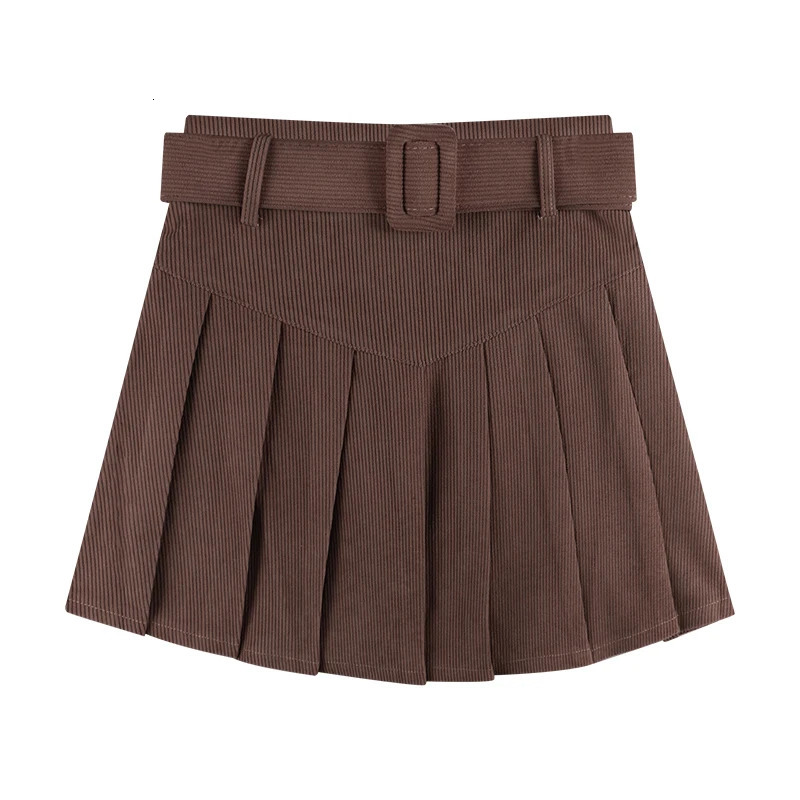 Corduroy Pleated Mini Skirt with Belt for Women Vintage Academy School Skirt Autumn Winter Outfit 250320