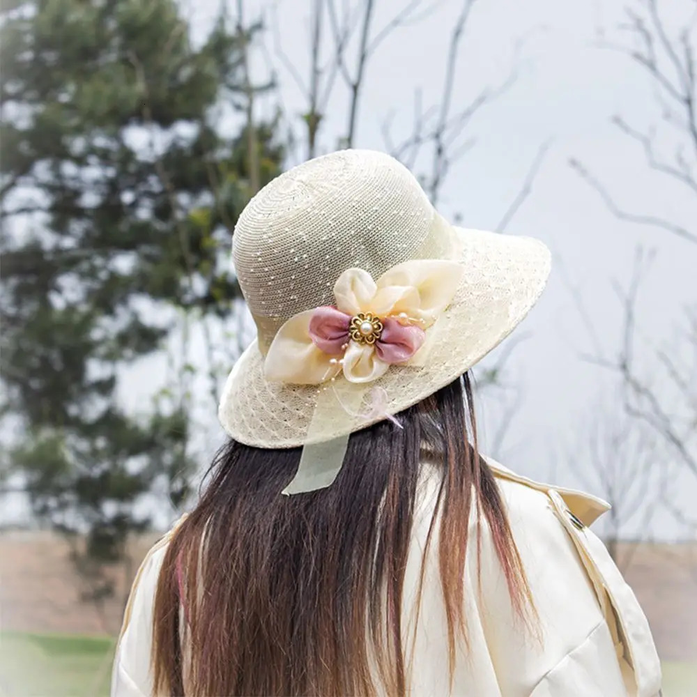 Pearl Flower Beach Hats Casual Women Lace Caps Fashion Spring Summer Sun Hat Sunscreen Outdoor Travel Female Straw Hat 250320