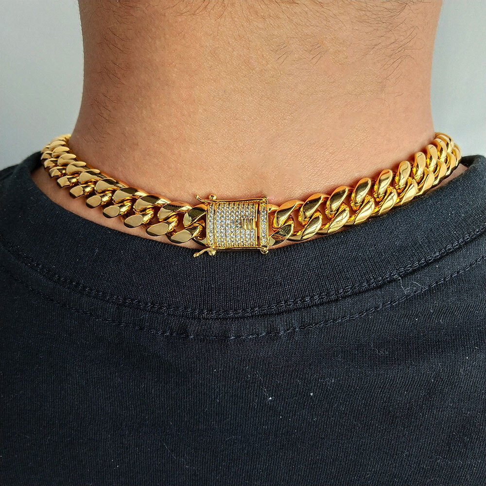 Drop Shipping Hip Hop Three Times Plated Stainless Steel Jewelry Bling Iced Miami Cuban Link Chain Necklace For Men