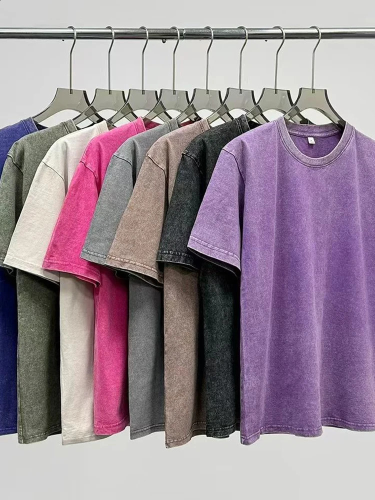 Summer mens washed T-shirt 230G heavy cotton vintage faded oversized unisex basic T-shirt short sleeved loose sports top 250317