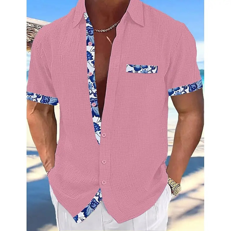 Short-sleeved shirt 100% linen Cool and breathable Comfortable and healthy material Gradient blue Hawaiian beach mens cardigan 250320