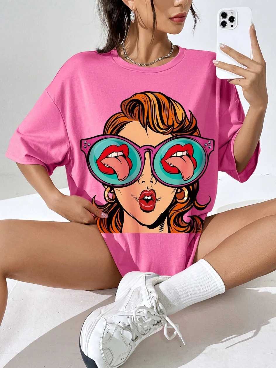 Cartoon pattern printed cotton womens T-shirt casual O-neck breathable soft short sleeved top loose and comfortable streetwearT250320
