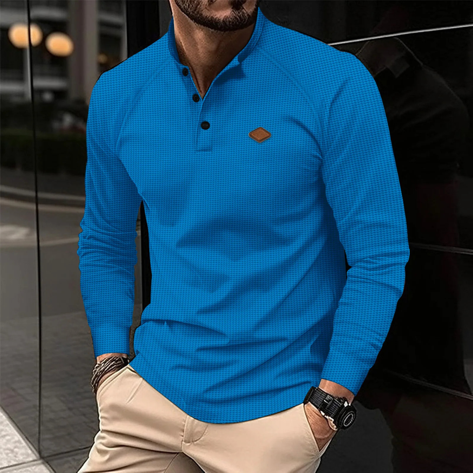 -Selling Vintage Waffle Mens Henry Shirt Breathable Casual Business Mens button-down Round Neck Long Sleeves 250319