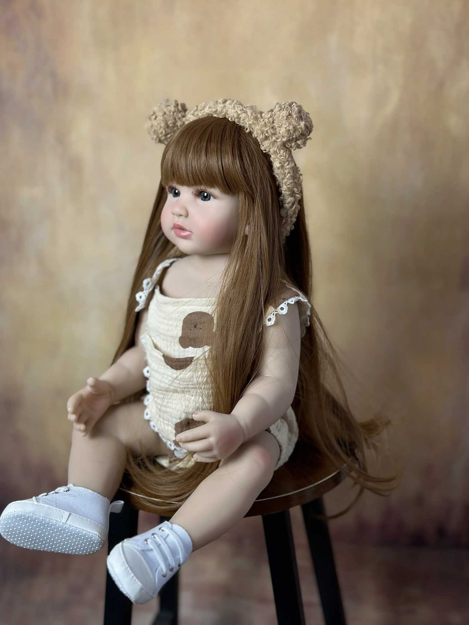 BZDOLL Lifelike 55cm 22 inch Regenerated Baby Doll Toy All Silicone Body Brown Long Hair Newborn Princess Baby Cute Gift W250320
